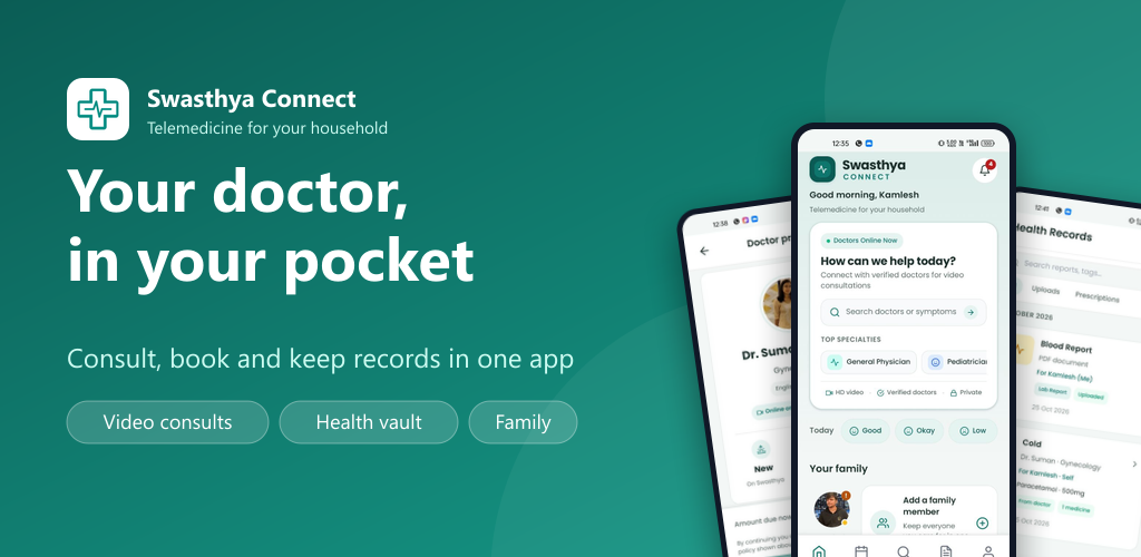 Swasthya Connect telemedicine app showing doctor booking, video consultation and health records