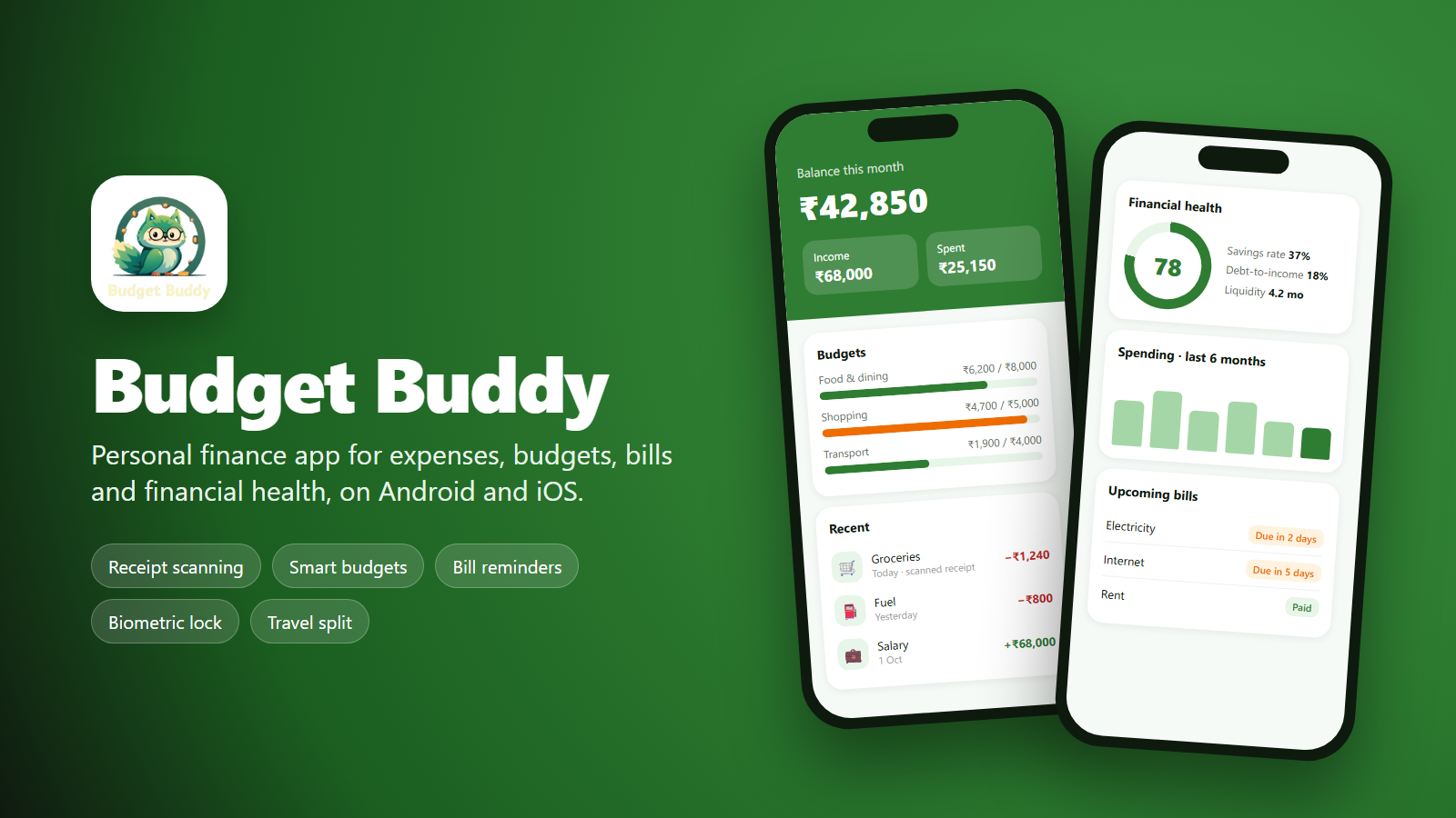 Budget Buddy app showing monthly spending, budget progress and upcoming bills
